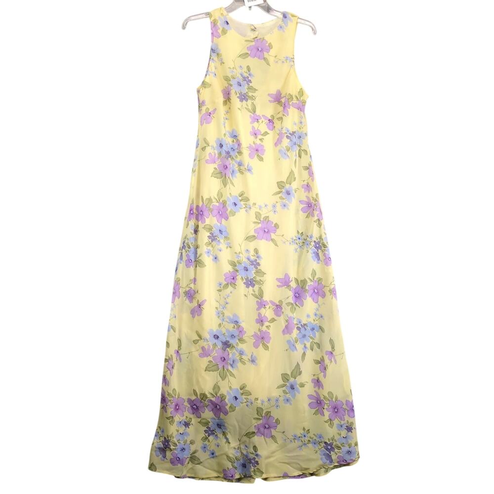 Vtg 90s Y2K California Concepts Yellow Floral Sleeveless Maxi Dress Sz 11 Spring